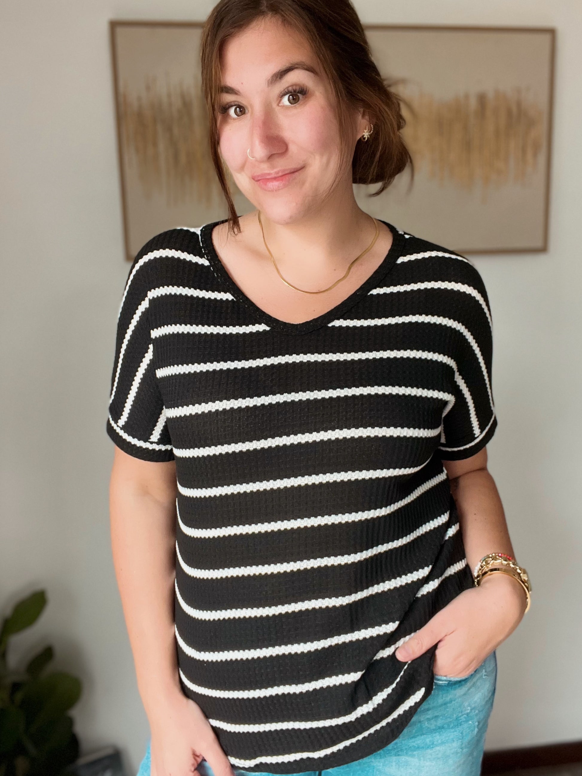 DOTD Striped Waffle Knit Top