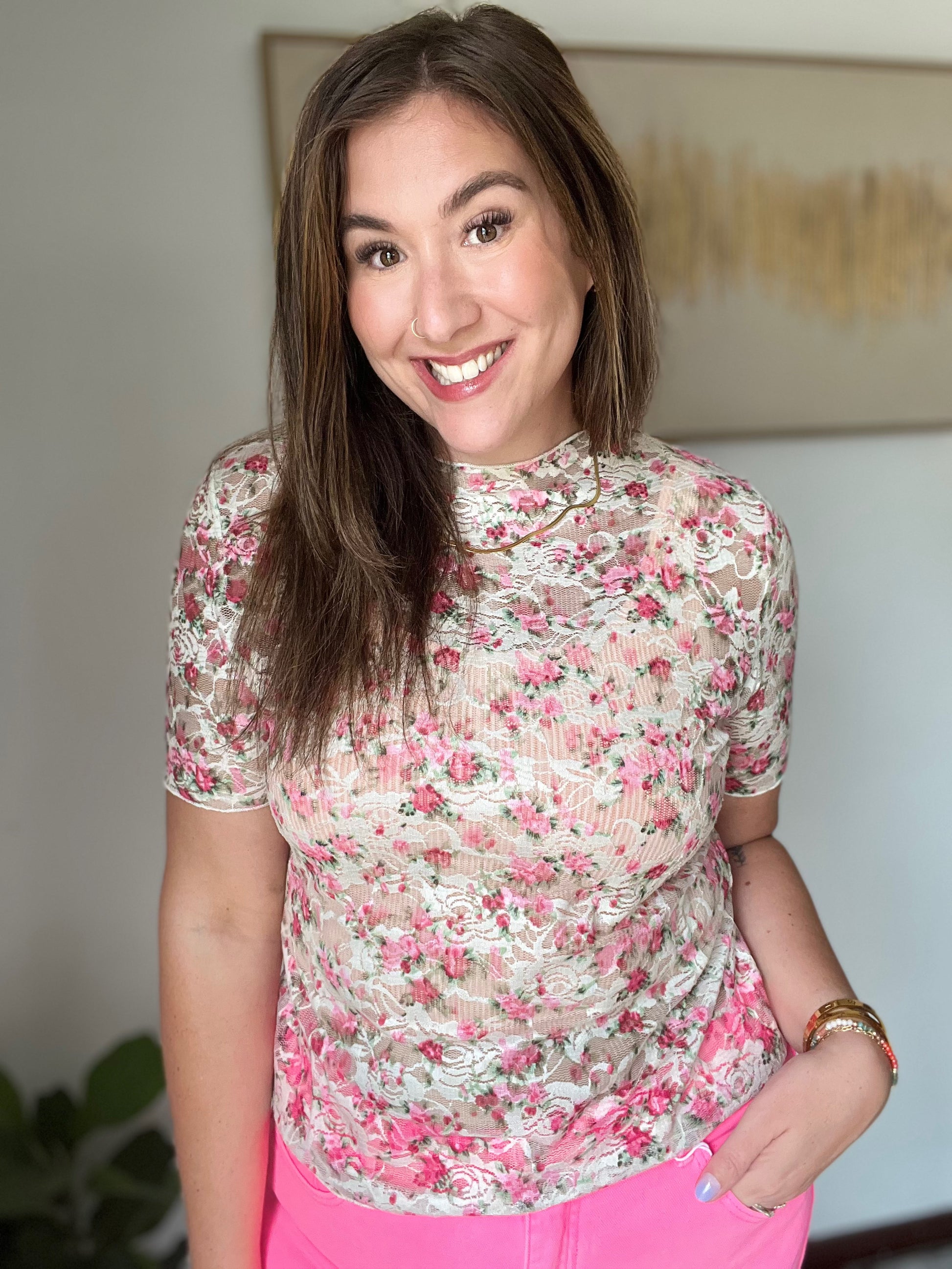 Pink Floral Lace Top