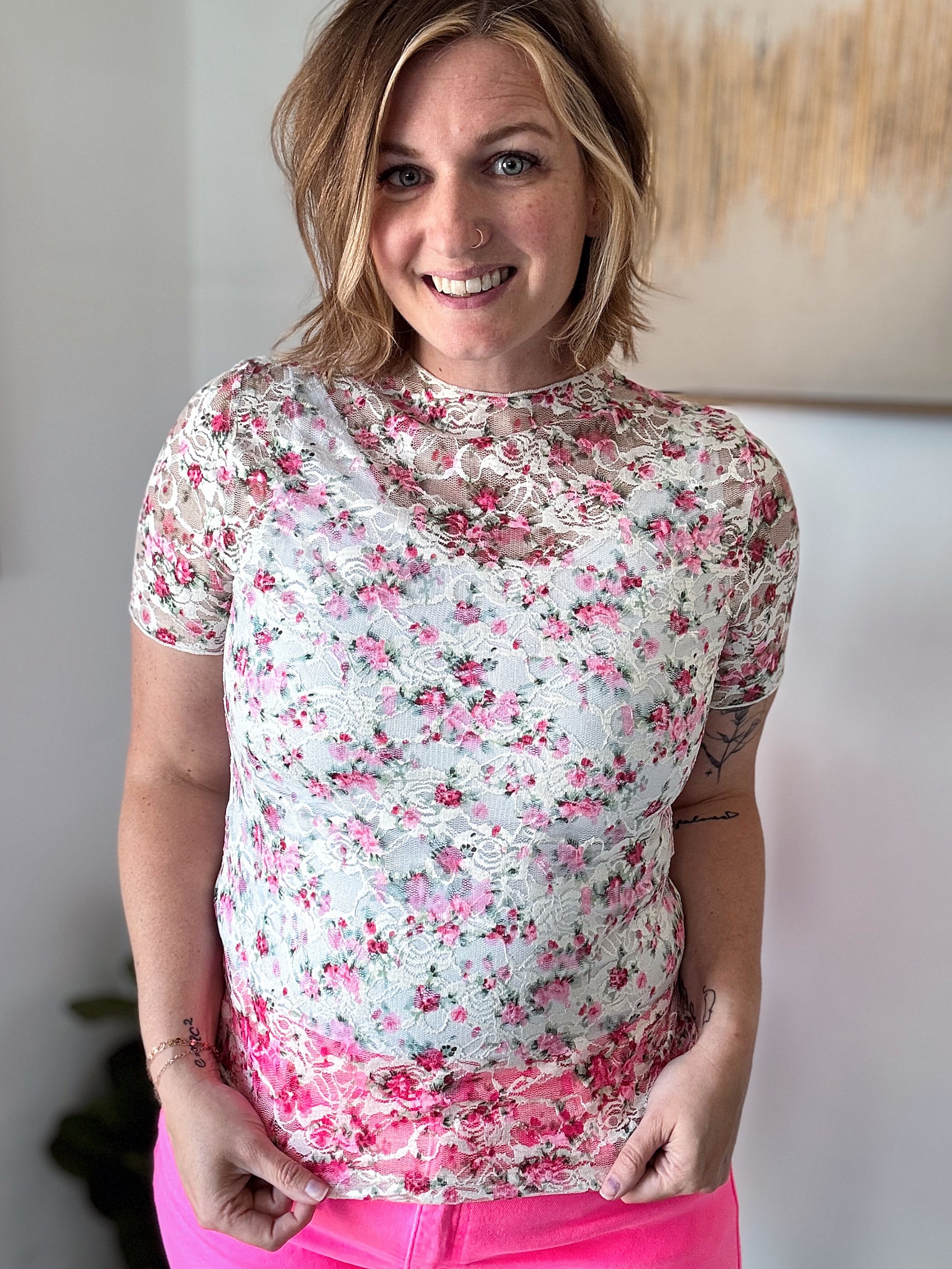 Pink Floral Lace Top