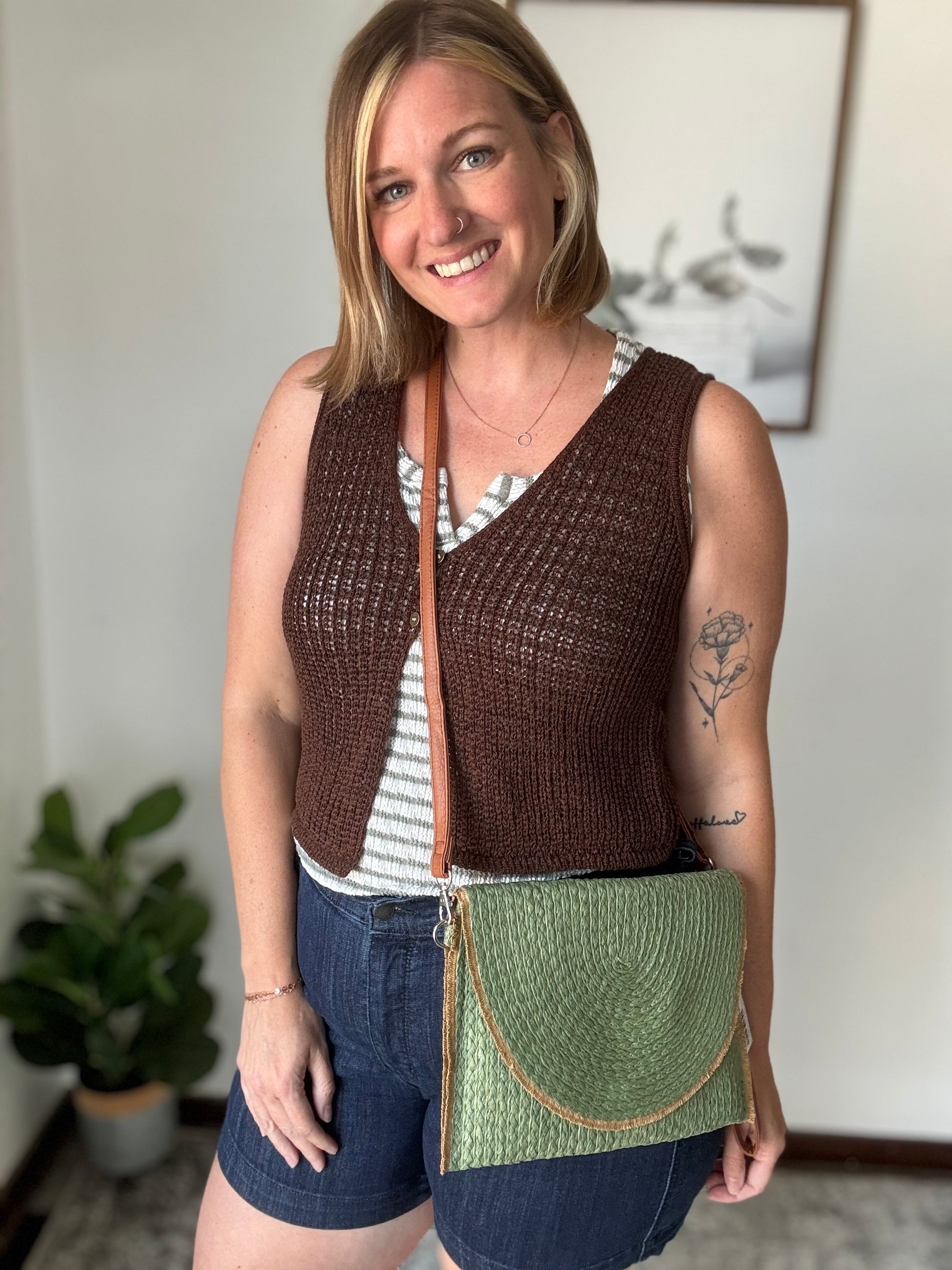 Frayed Trim Straw Women's Crossbody Bag/Clutch